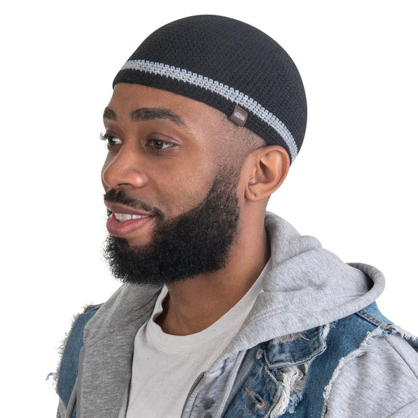 Handmade Close Knit Skull Cap Kufi Hat Made with Soft & Breathable Bamboo / Cotton Black w/ Silver - Close Knit Handmade Kufi Skull Cap