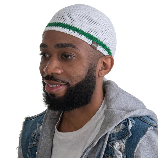 Handmade Close Knit Skull Cap Kufi Hat Made with Soft & Breathable Bamboo / Cotton White w/ Green - Close Knit Handmade Kufi Skull Cap