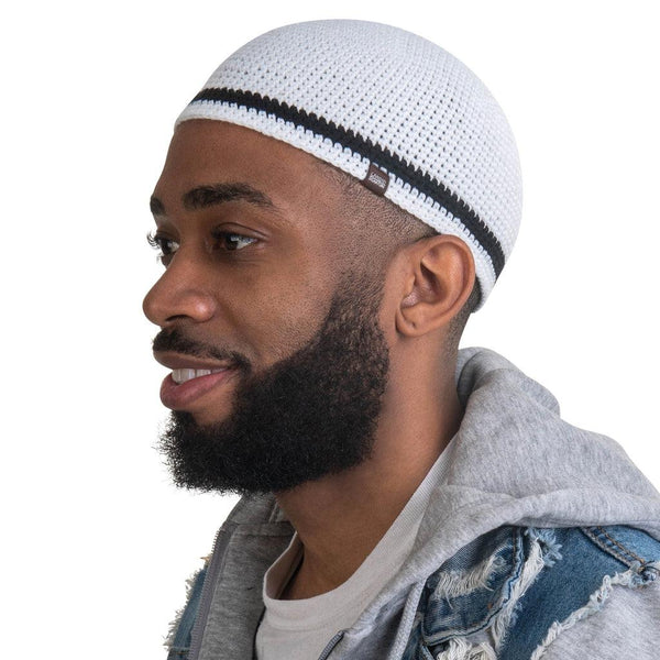 Handmade Close Knit Skull Cap Kufi Hat Made with Soft & Breathable Bamboo / Cotton White w/ Black - Close Knit Handmade Kufi Skull Cap