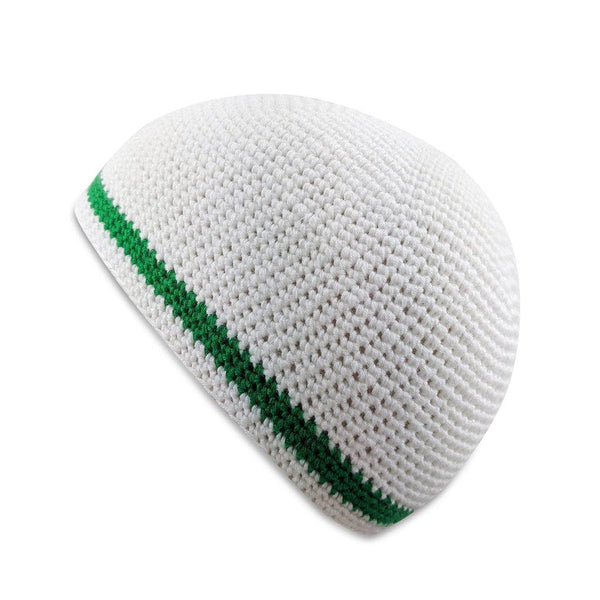 White w/ Green - Close Knit Handmade Kufi Skull Cap